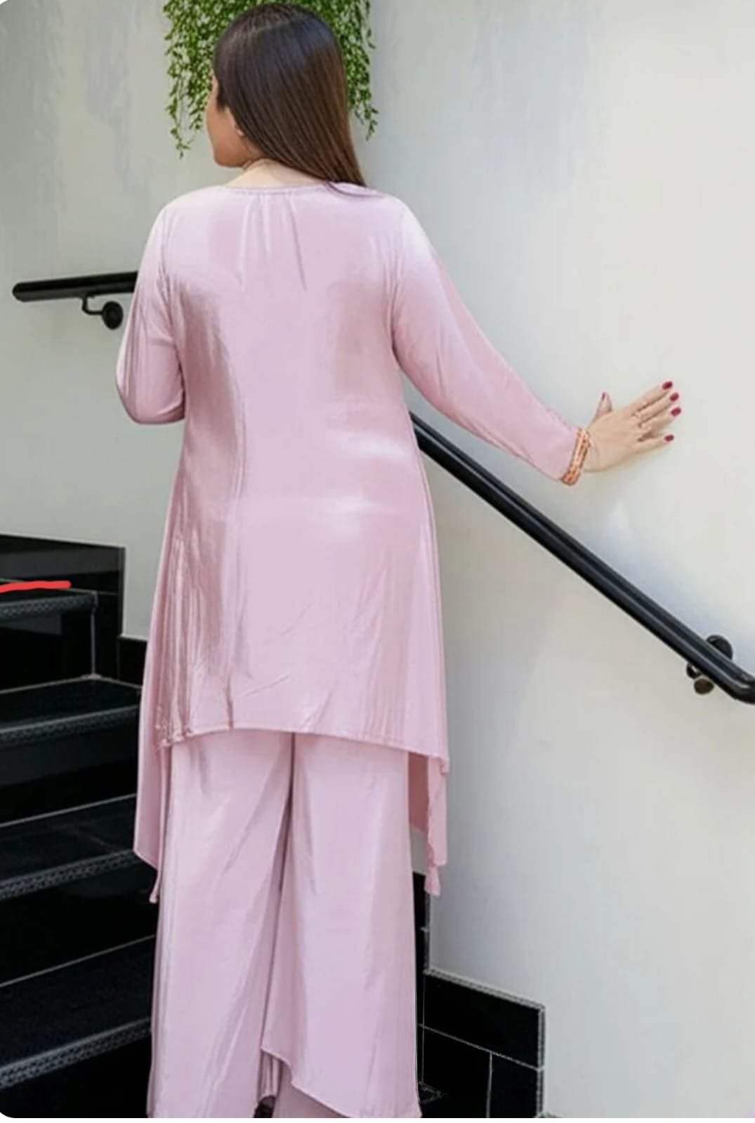 Pink French Crepe Co-ord Set with Heavy Embroidery | Festive Kurti Palazzo Set for Women - Image 6