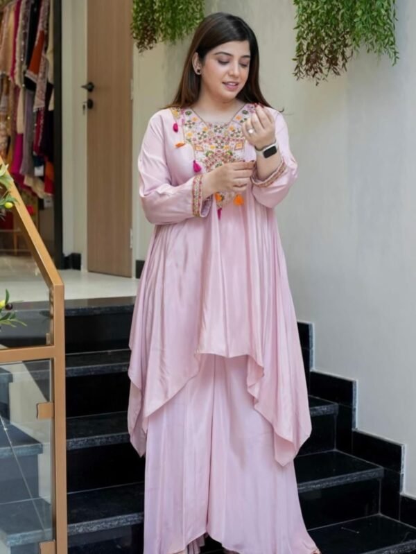 Pink French Crepe Co-ord Set with Heavy Embroidery Festive Kurti Palazzo Set for Women