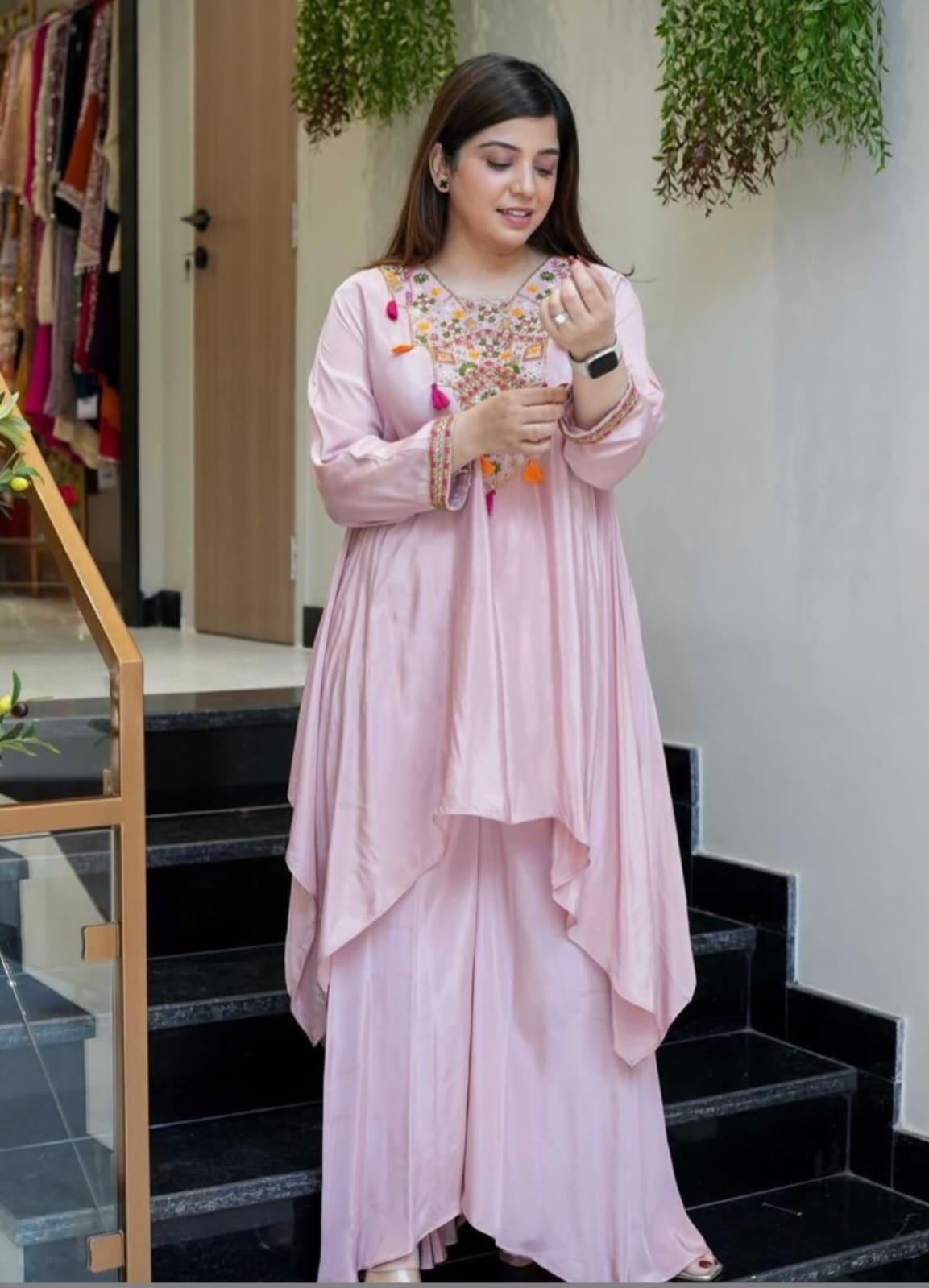Pink French Crepe Co-ord Set with Heavy Embroidery Festive Kurti Palazzo Set for Women
