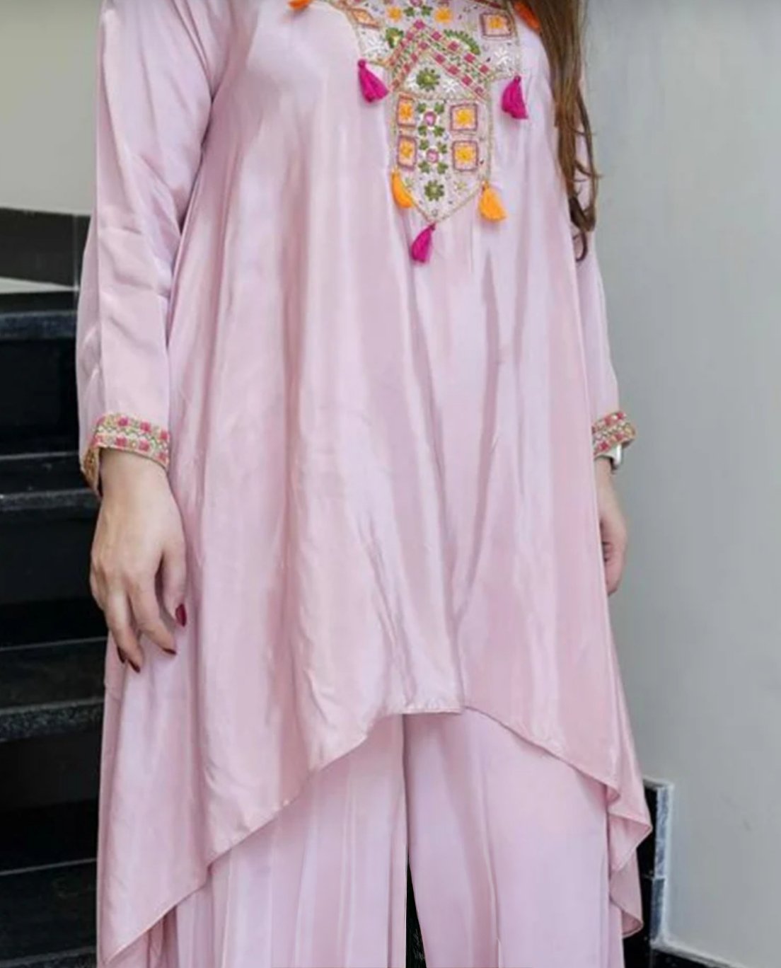 Pink French Crepe Co-ord Set with Heavy Embroidery | Festive Kurti Palazzo Set for Women - Image 4