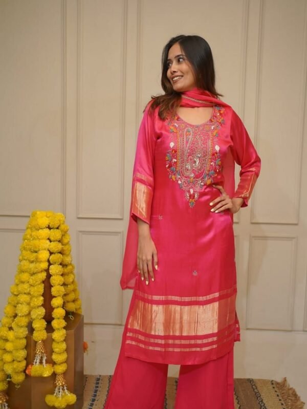 Charming 3 Piece Viscose Silk Embroidered Kurta Set for Women with Chanderi Dupatta