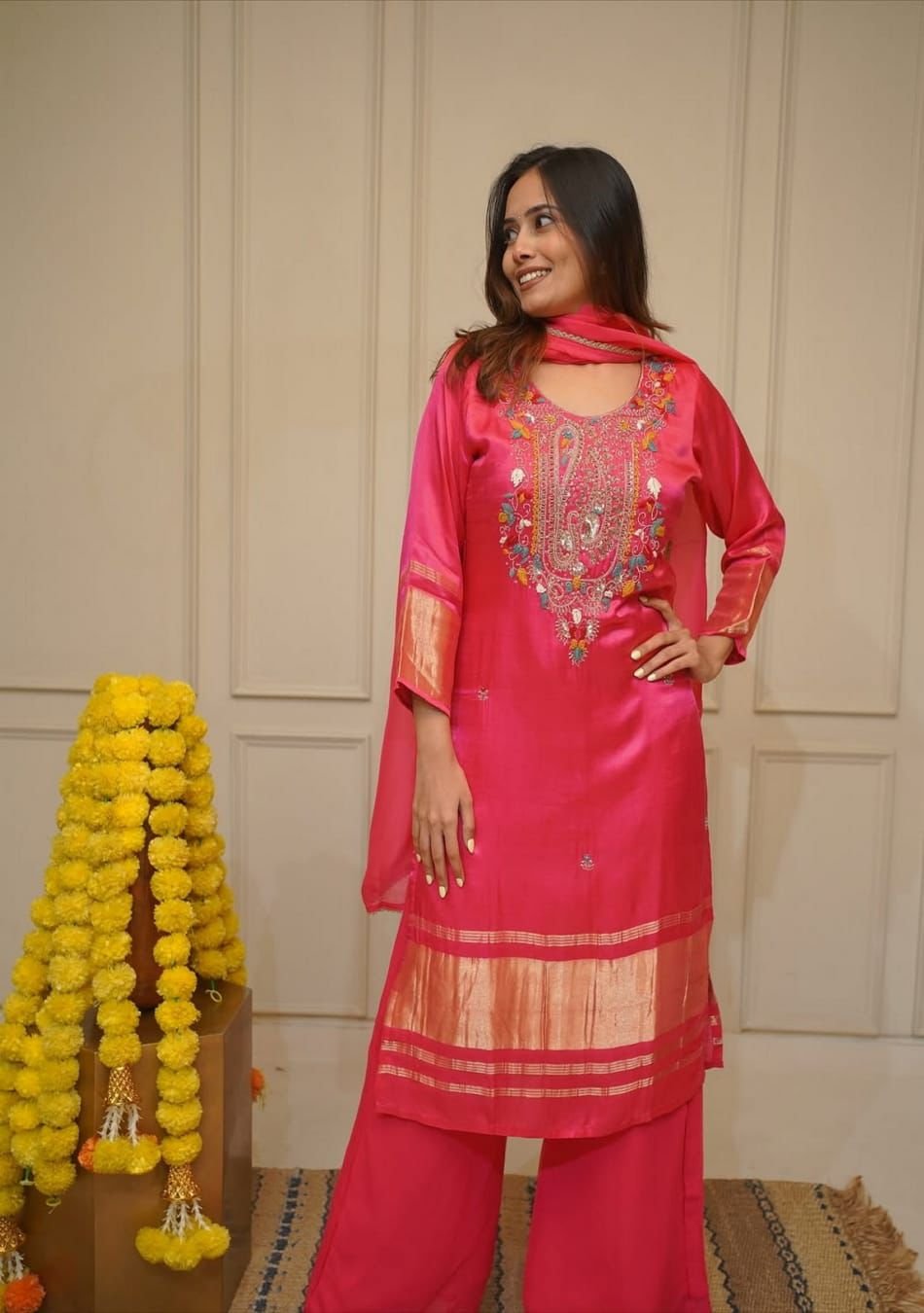 Charming 3 Piece Viscose Silk Embroidered Kurta Set for Women with Chanderi Dupatta