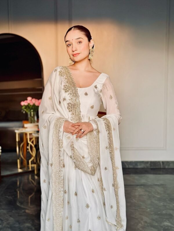 Classic White Chinon Silk Embroidered Gown Set with Pant & Dupatta