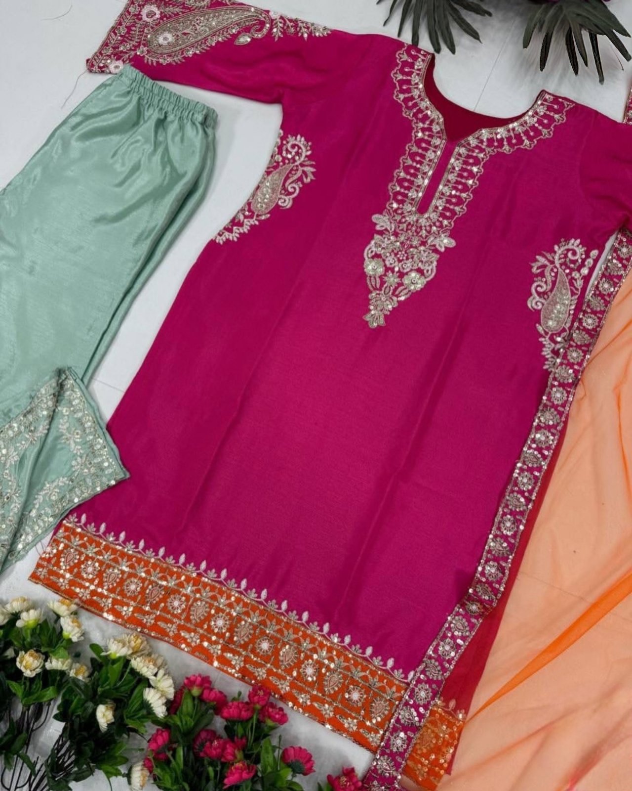Desi Girl Era Set | Elegant Chinon Embroidery Kurti Palazzo Set for Women - Image 3