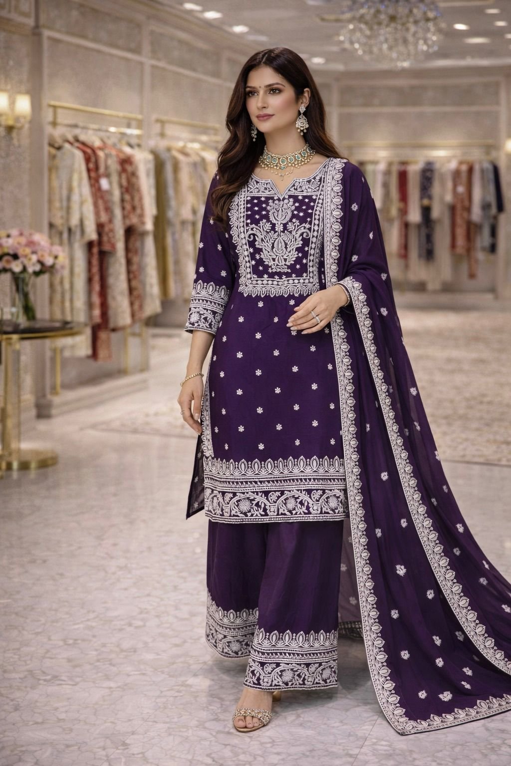 Fandy Silk Embroidered Kurta Plazzo Set with Dupatta for Women Sequence Work Ethnic Party Wear Suit