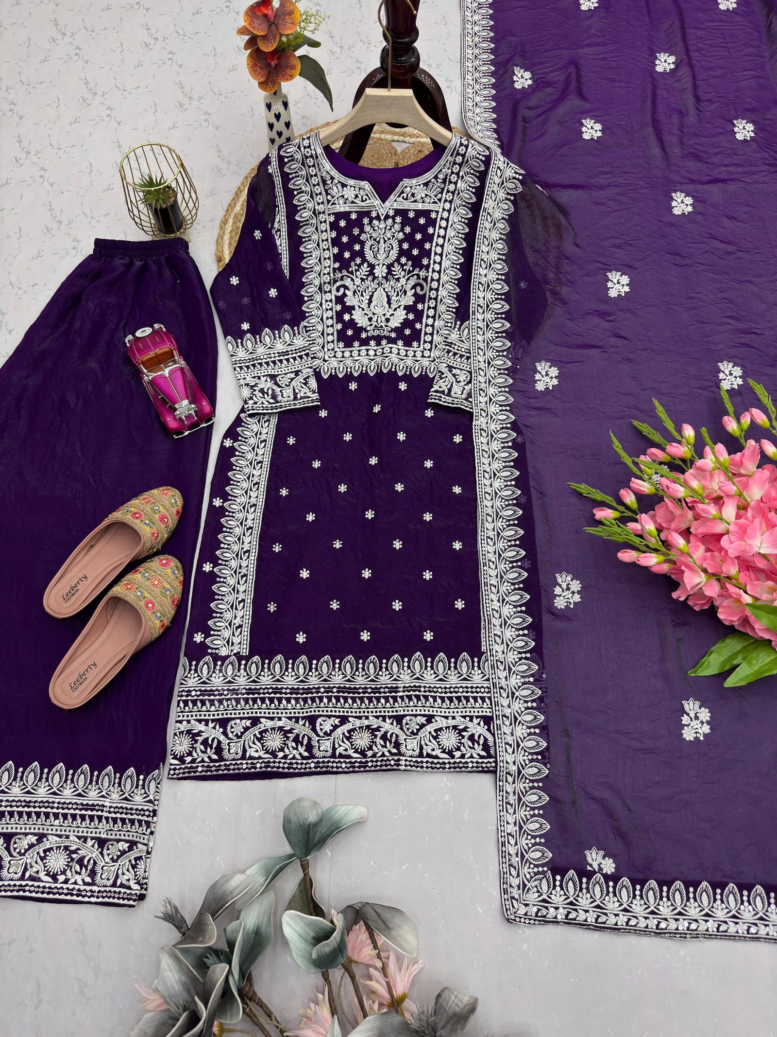 Fandy Silk Embroidered Kurta Plazzo Set with Dupatta for Women Sequence Work Ethnic Party Wear Suit