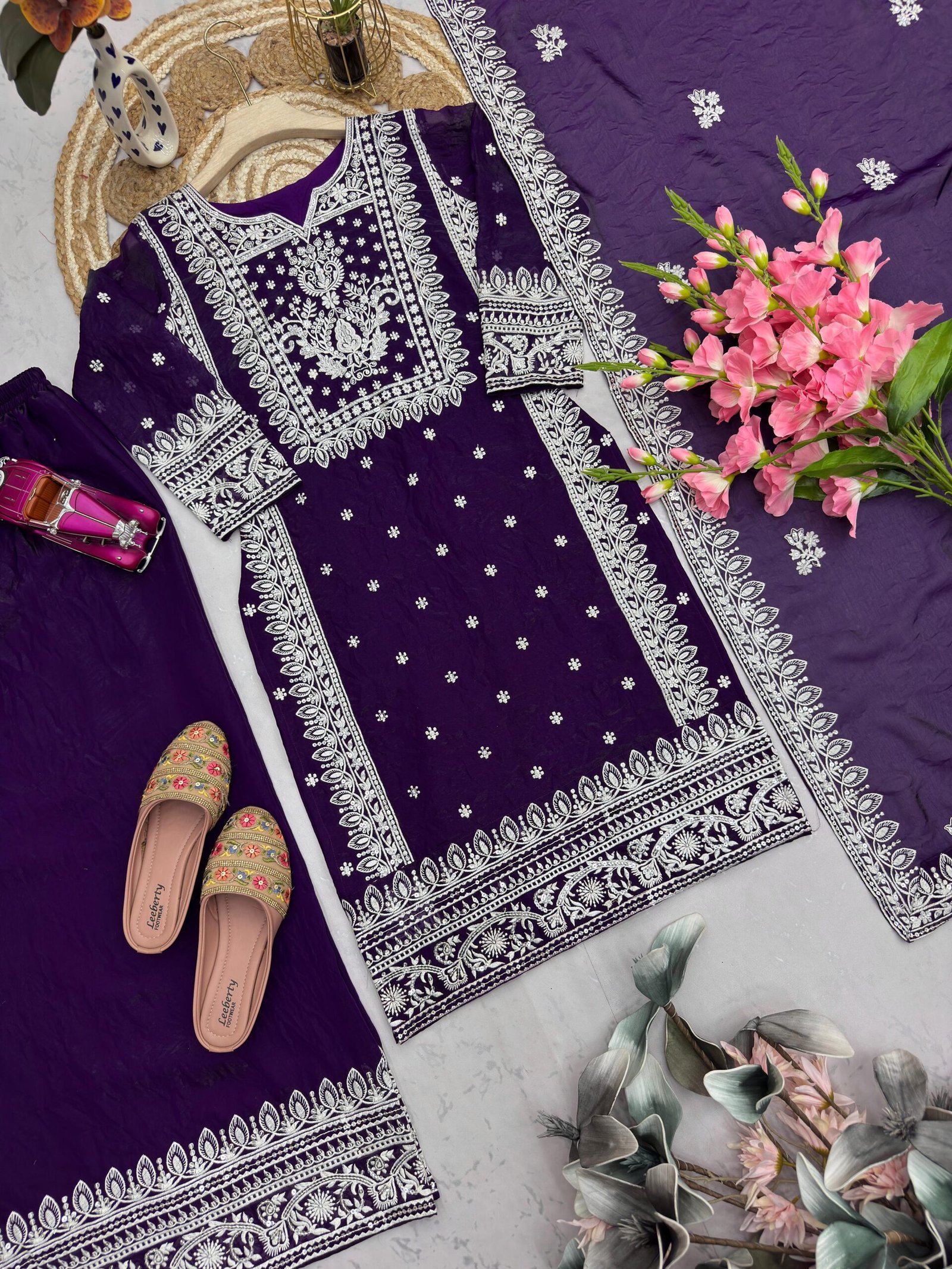Fandy Silk Embroidered Kurta Plazzo Set with Dupatta for Women Sequence Work Ethnic Party Wear Suit
