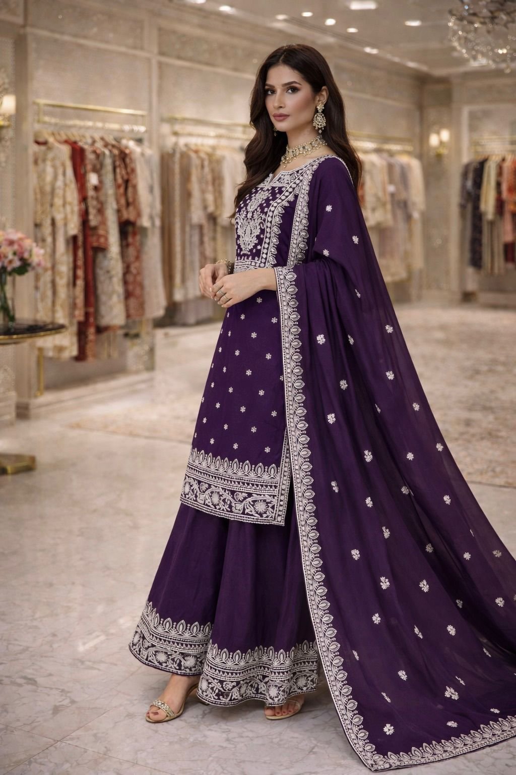 Fandy Silk Embroidered Kurta Plazzo Set with Dupatta for Women Sequence Work Ethnic Party Wear Suit