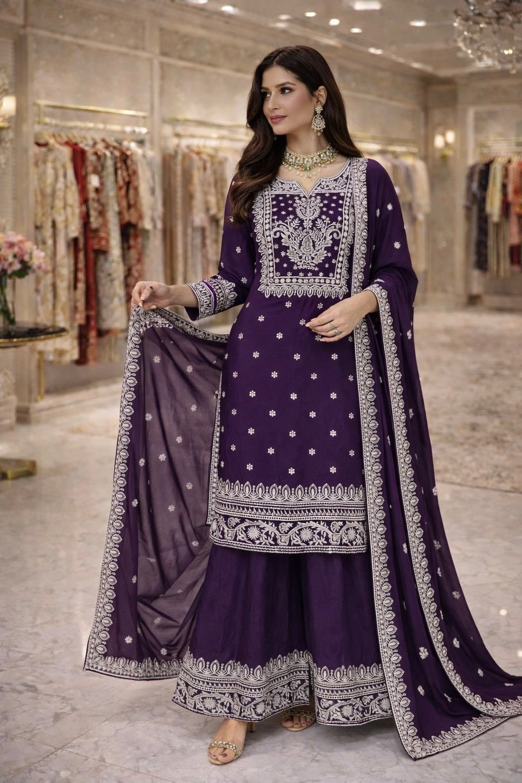 Fandy Silk Embroidered Kurta Plazzo Set with Dupatta for Women Sequence Work Ethnic Party Wear Suit