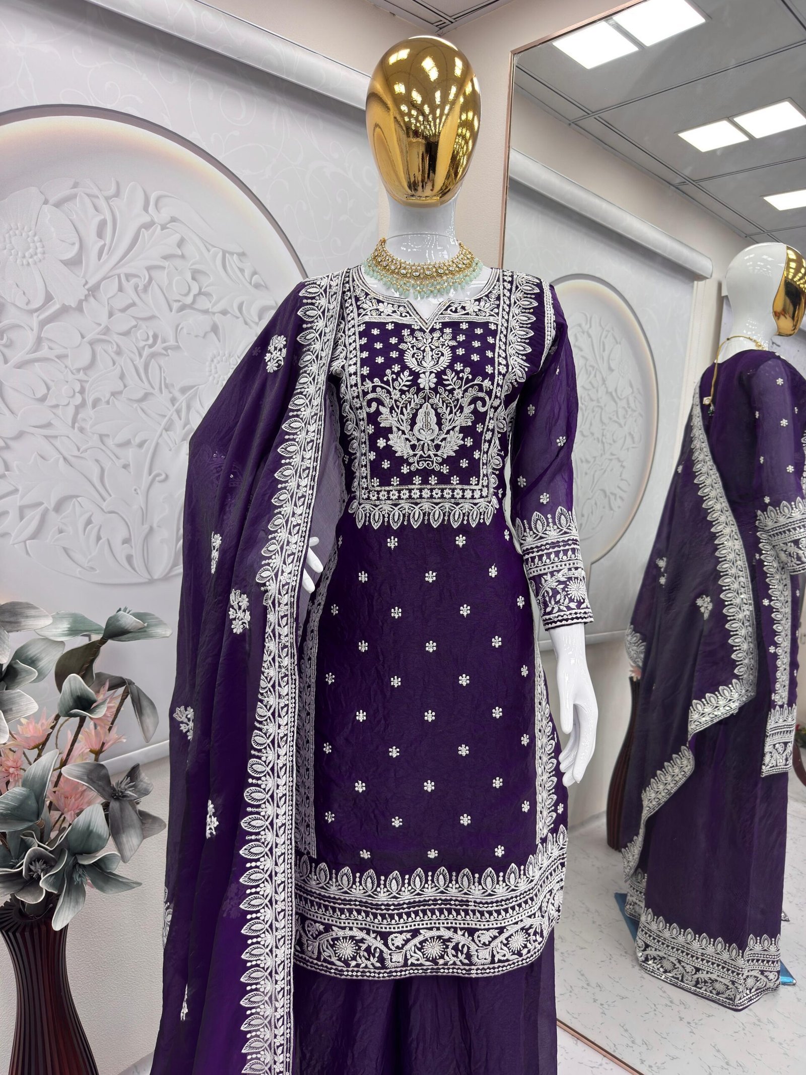 Fandy Silk Embroidered Kurta Plazzo Set with Dupatta for Women Sequence Work Ethnic Party Wear Suit