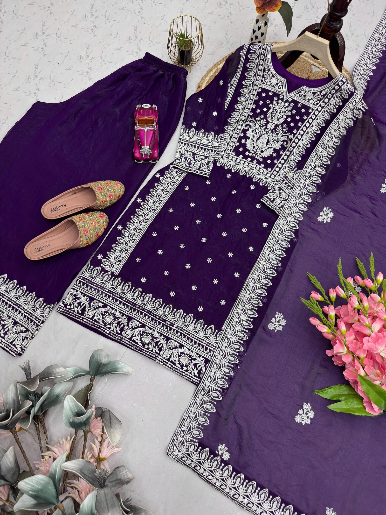 Fandy Silk Embroidered Kurta Plazzo Set with Dupatta for Women Sequence Work Ethnic Party Wear Suit