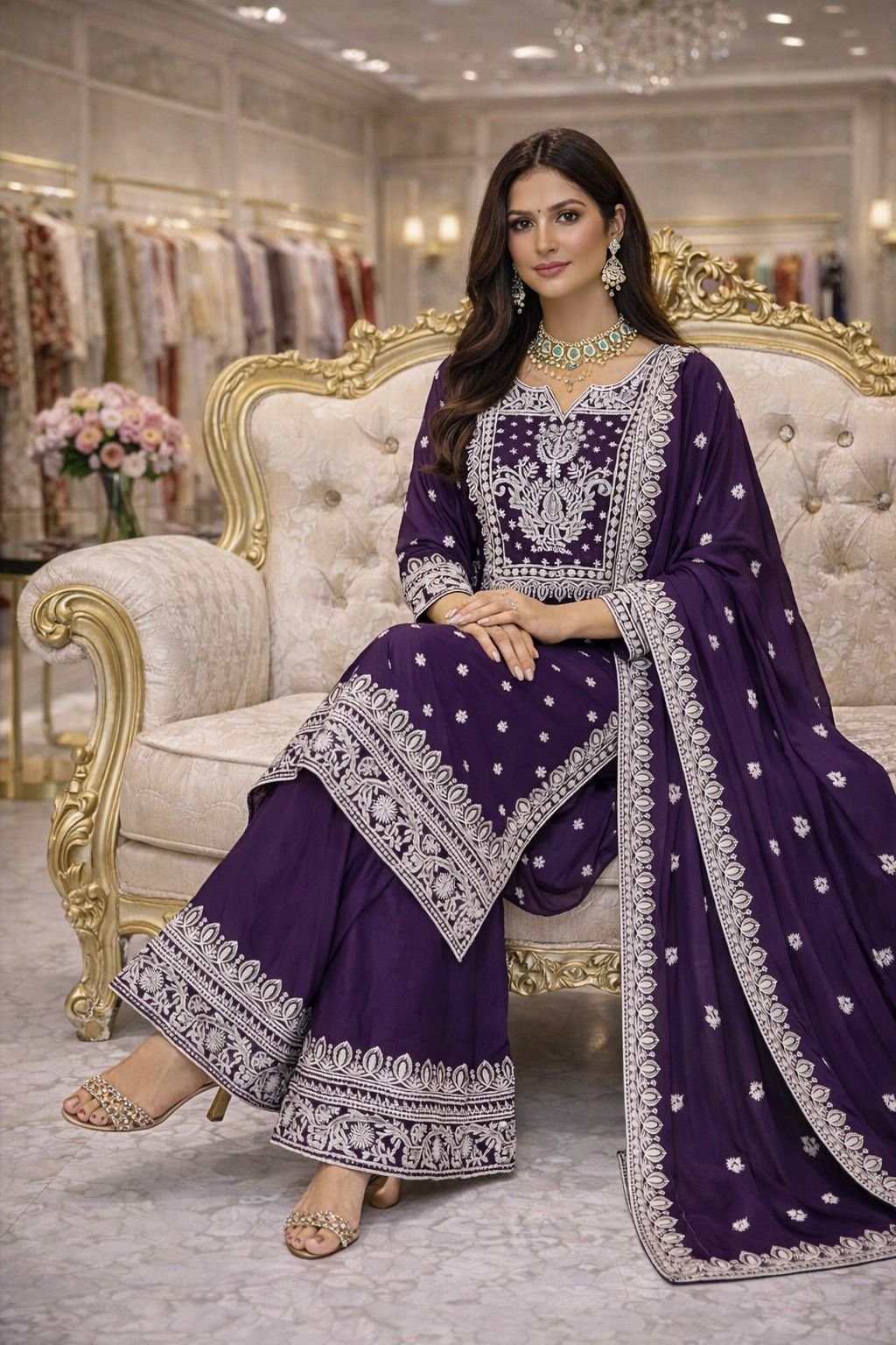 Fandy Silk Embroidered Kurta Plazzo Set with Dupatta for Women Sequence Work Ethnic Party Wear Suit