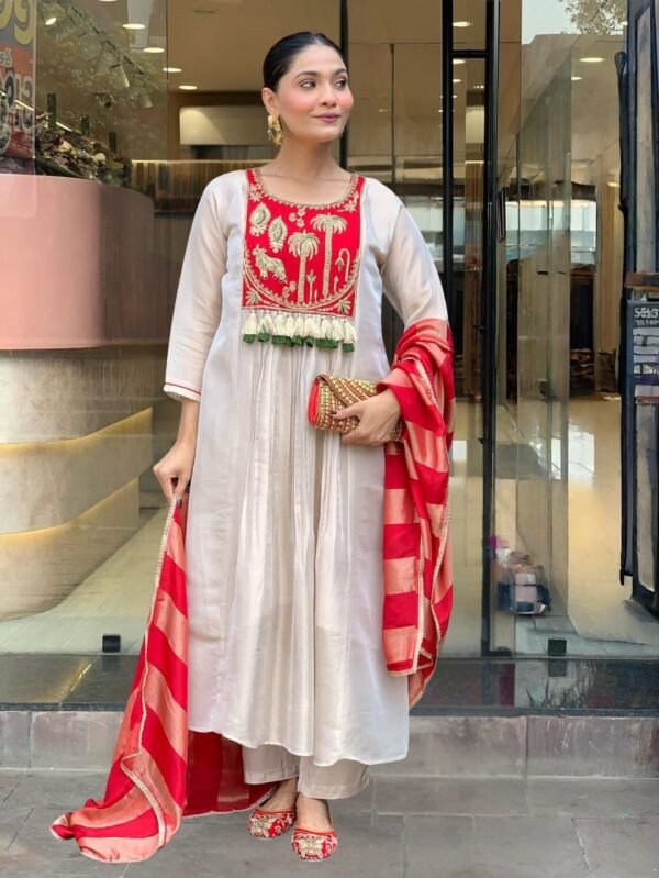 Festive Wear Embroidered Viscose Silk Kurta Set with Heavy Jacquard Dupatta for Women