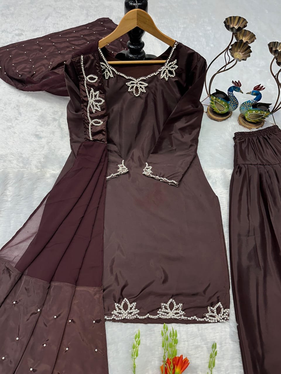 Heavy Embroidered Crepe Kurta Set for Women | Party Wear 3 Piece Suit with Dupatta - Image 2