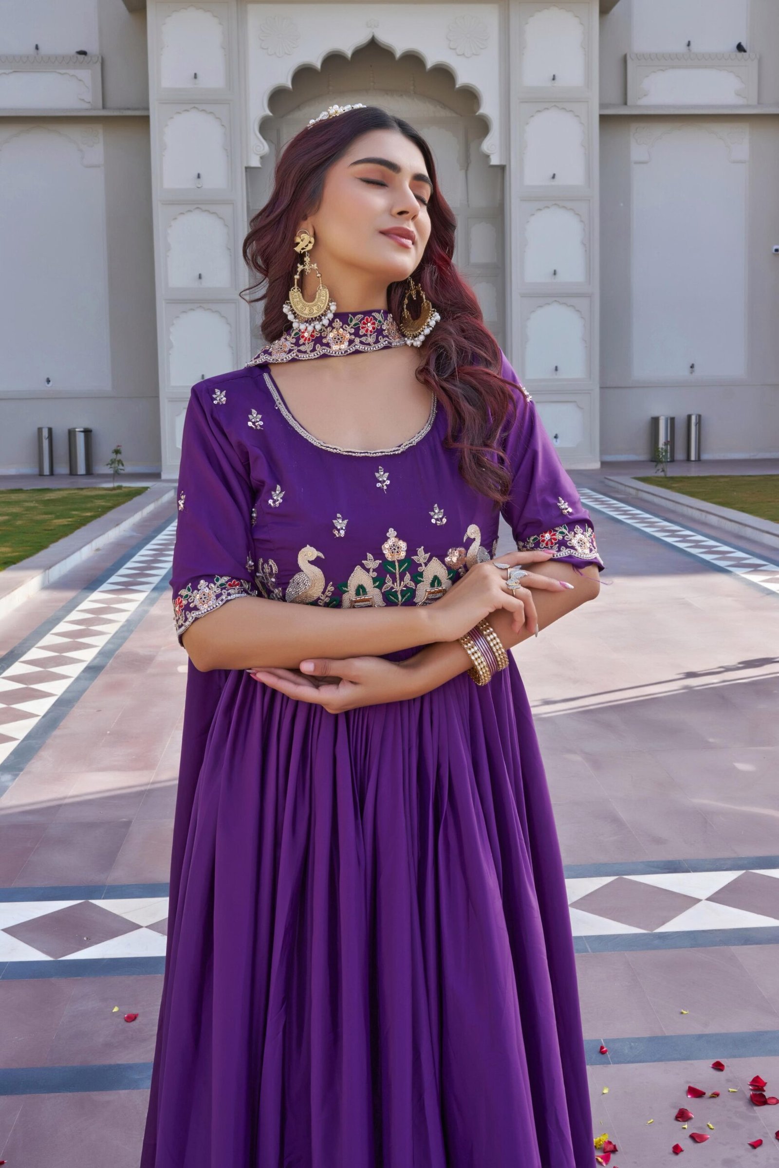 Modern Glam Crepe Silk Embroidered Gown with Dupatta for Women Heavy Sequence Work Party Wear Anarkali Dress