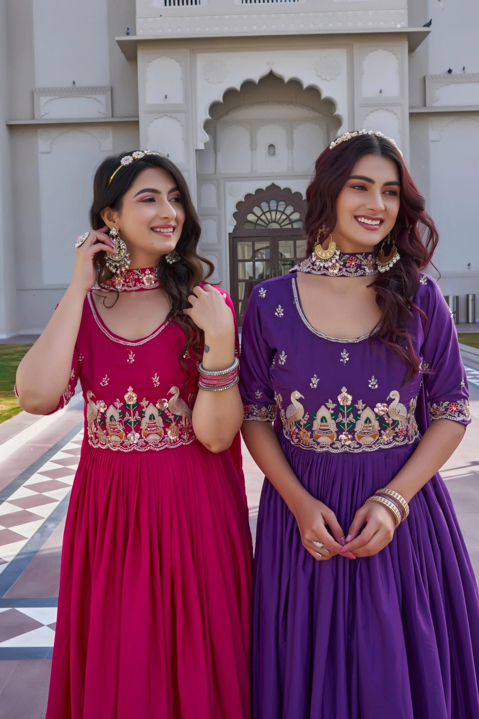 Modern Glam Crepe Silk Embroidered Gown with Dupatta for Women Heavy Sequence Work Party Wear Anarkali Dress
