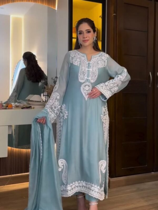 Premium Organza Silk Embroidered Kurta Plazzo Dupatta Set for Women