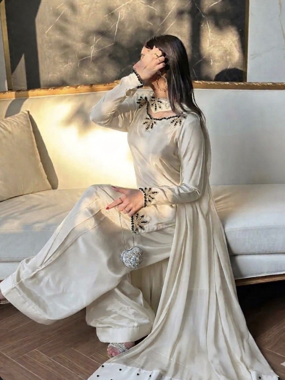 Heavy Embroidered Crepe Kurta Set for Women with Farsi Salwar & Dupatta | Party Wear 3 Piece Suit - Image 6