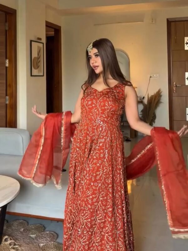 Women’s Designer Faux Georgette Gown with Palazzo & Organza Dupatta Set