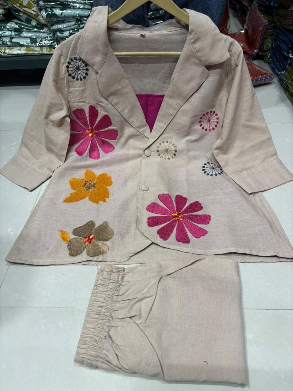 Elegant Floral Embroidered Cotton Flex Co-ord Set with Jacket - Image 3