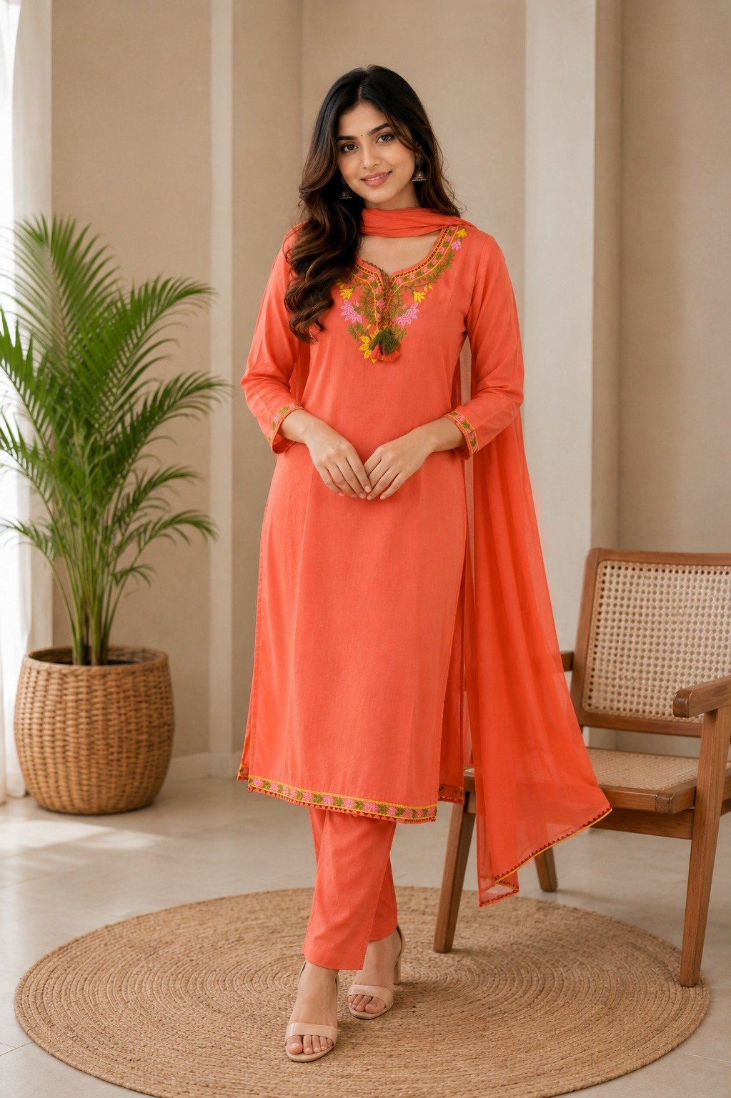 Elegant Floral Embroidered Cotton Slub Co-ord Set for Women