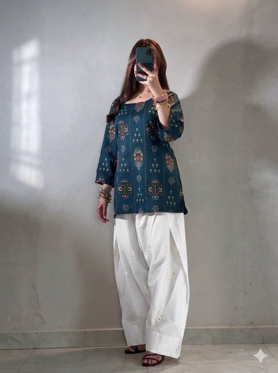 Elegant Maslin Cotton Farshi Co-Ord Set with Embroidered Plazzo