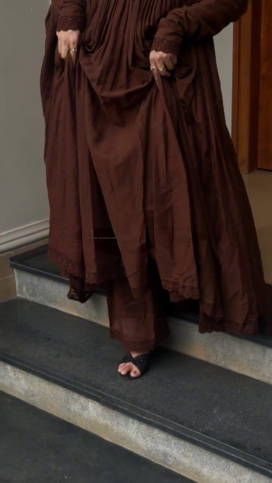 Royal Mocha Embroidered Roman Silk Party Wear Gown Set - Image 6
