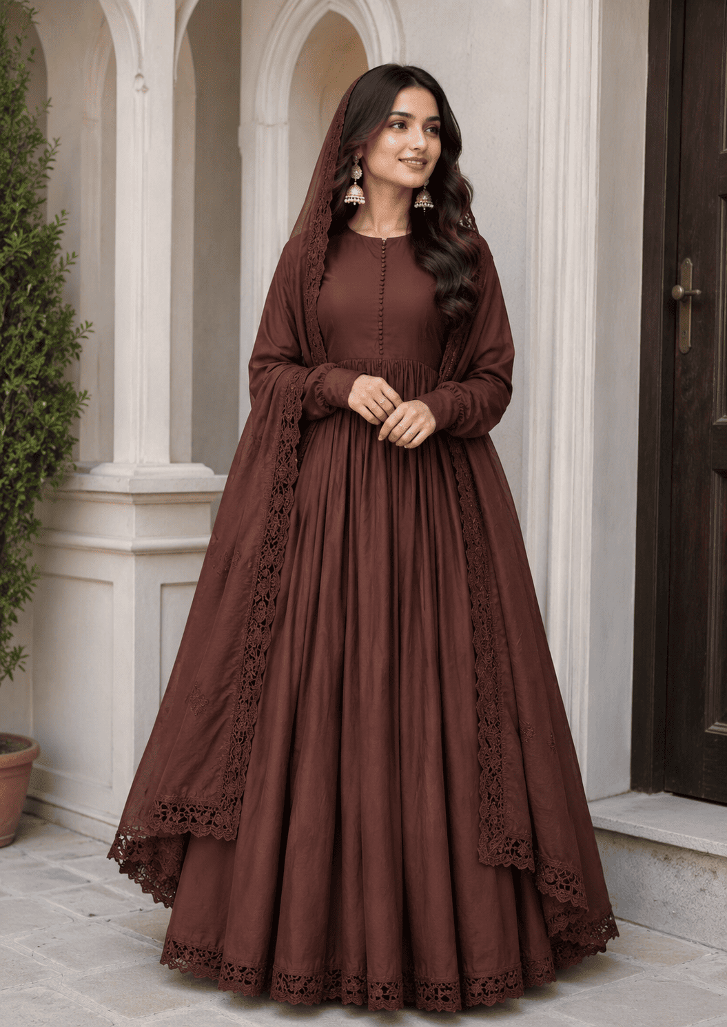 Royal Mocha Embroidered Roman Silk Party Wear Gown Set - Image 2