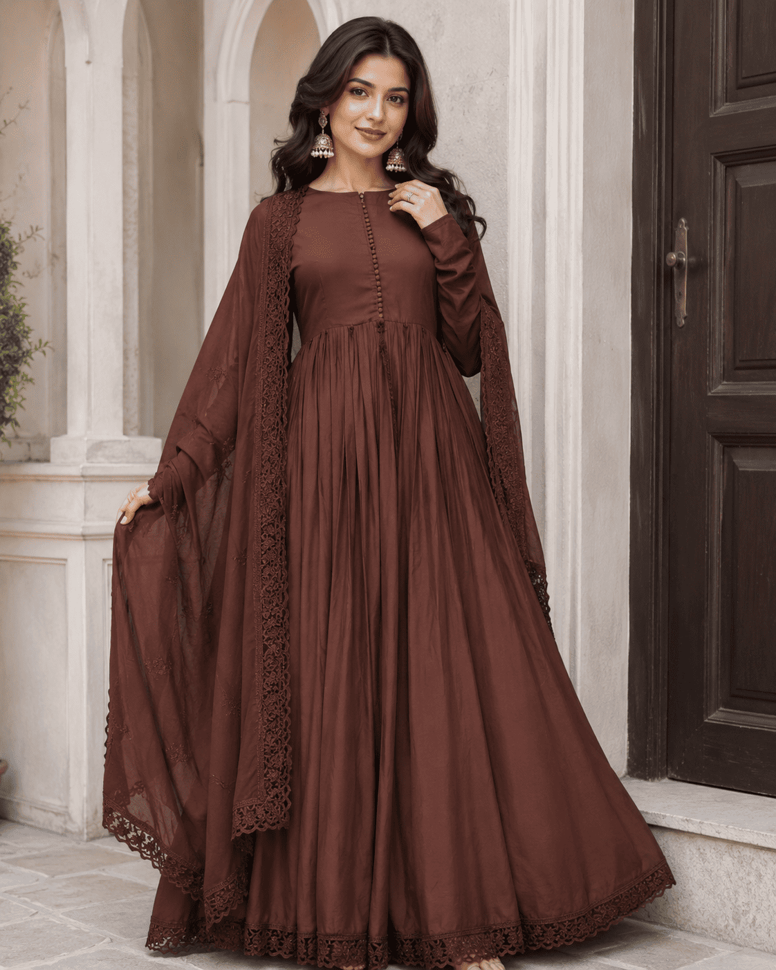 Royal Mocha Embroidered Roman Silk Party Wear Gown Set