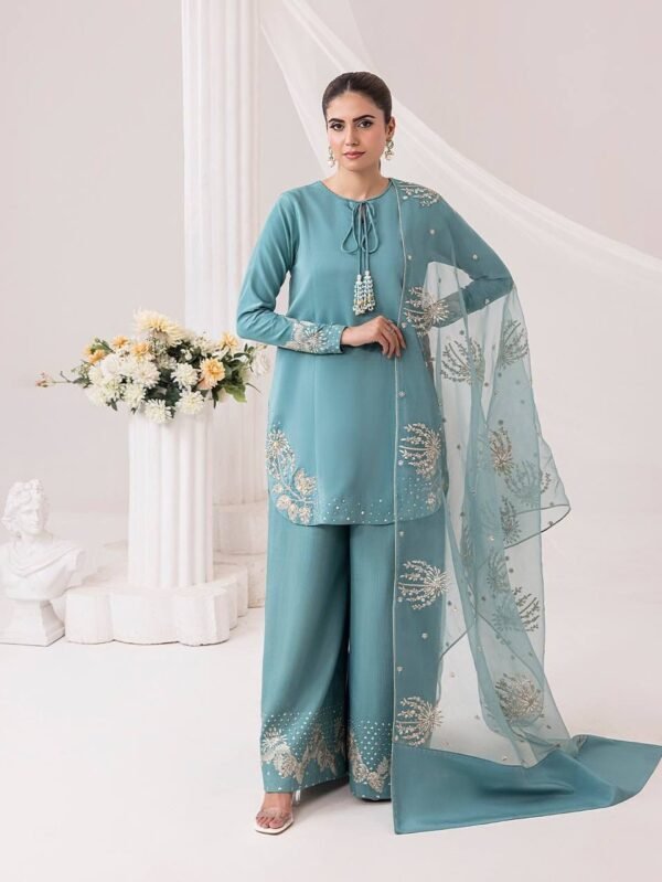 Women’s Designer Natural Crepe Silk Embroidered Kurta Palazzo Set with Organza Dupatta