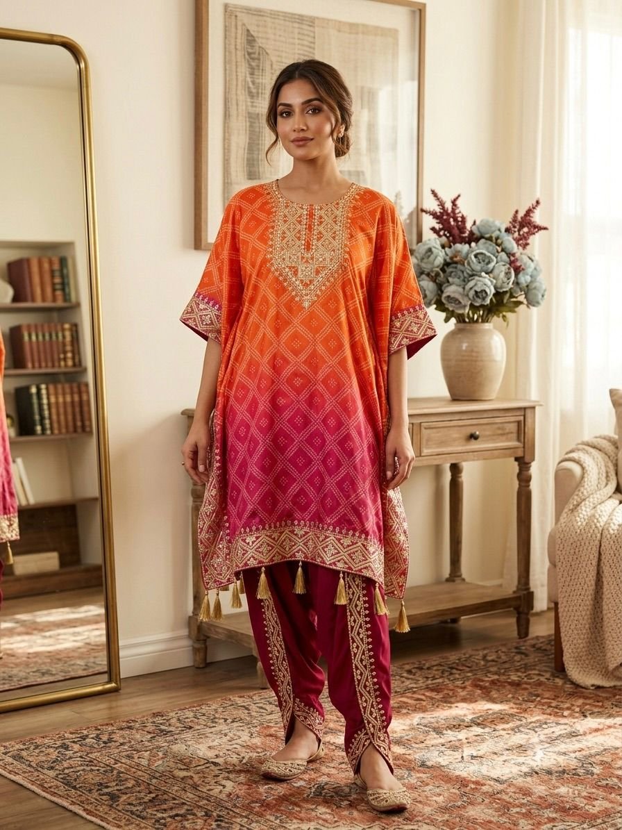Women’s Printed Chinon Silk Kaftan with Dhoti Set – Embroidered Festive Ethnic Wear - Image 2