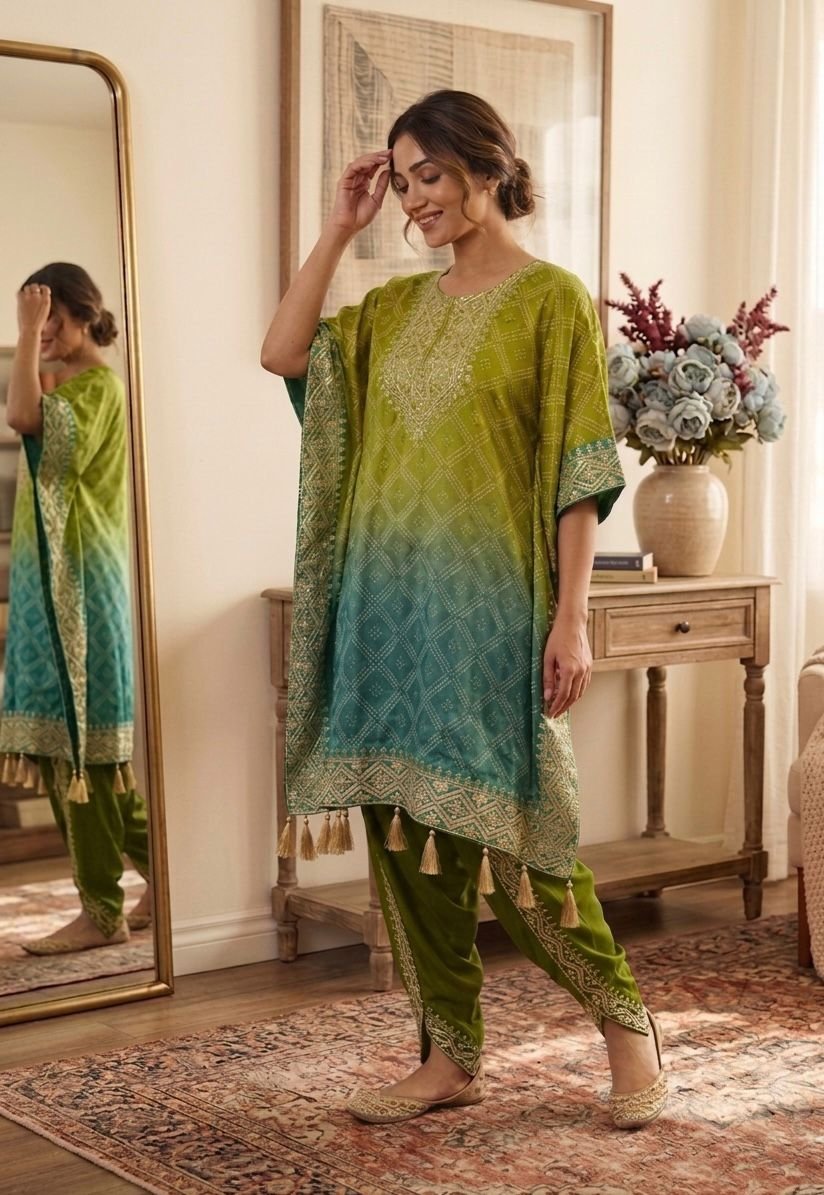 Women’s Printed Chinon Silk Kaftan with Dhoti Set – Embroidered Festive Ethnic Wear - Image 5