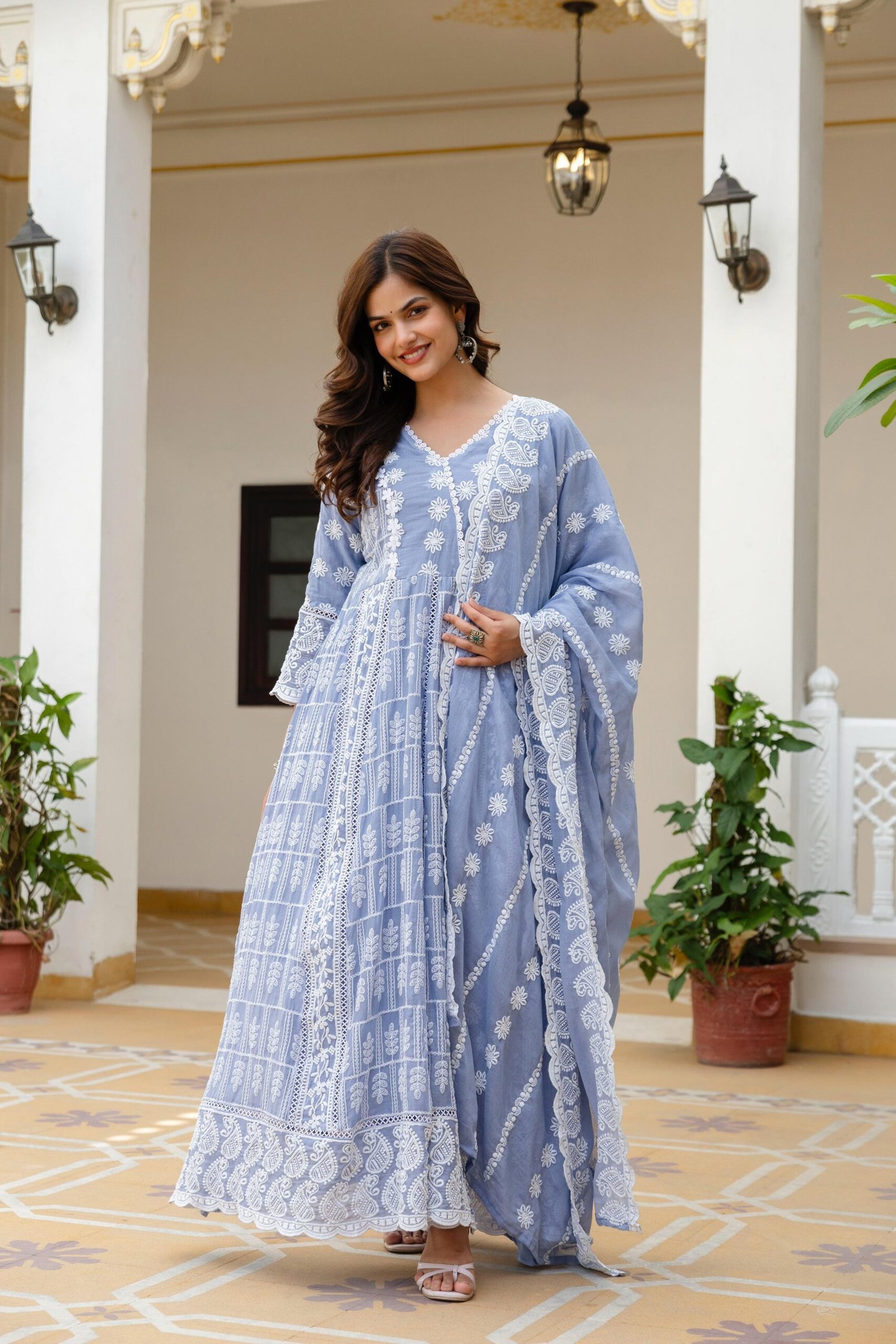 Women’s Pure Mal Cotton Lucknowi Work Party Wear Suit Set with Dupatta - Image 3