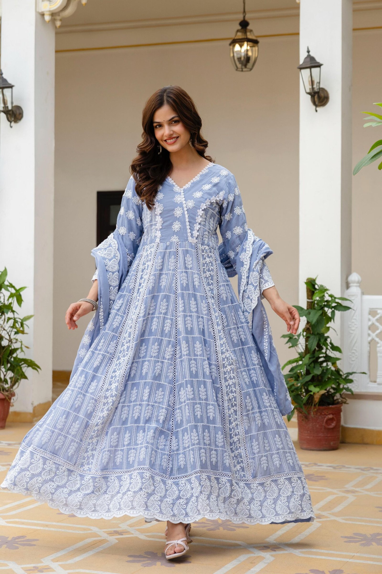 Women’s Pure Mal Cotton Lucknowi Work Party Wear Suit Set with Dupatta - Image 5