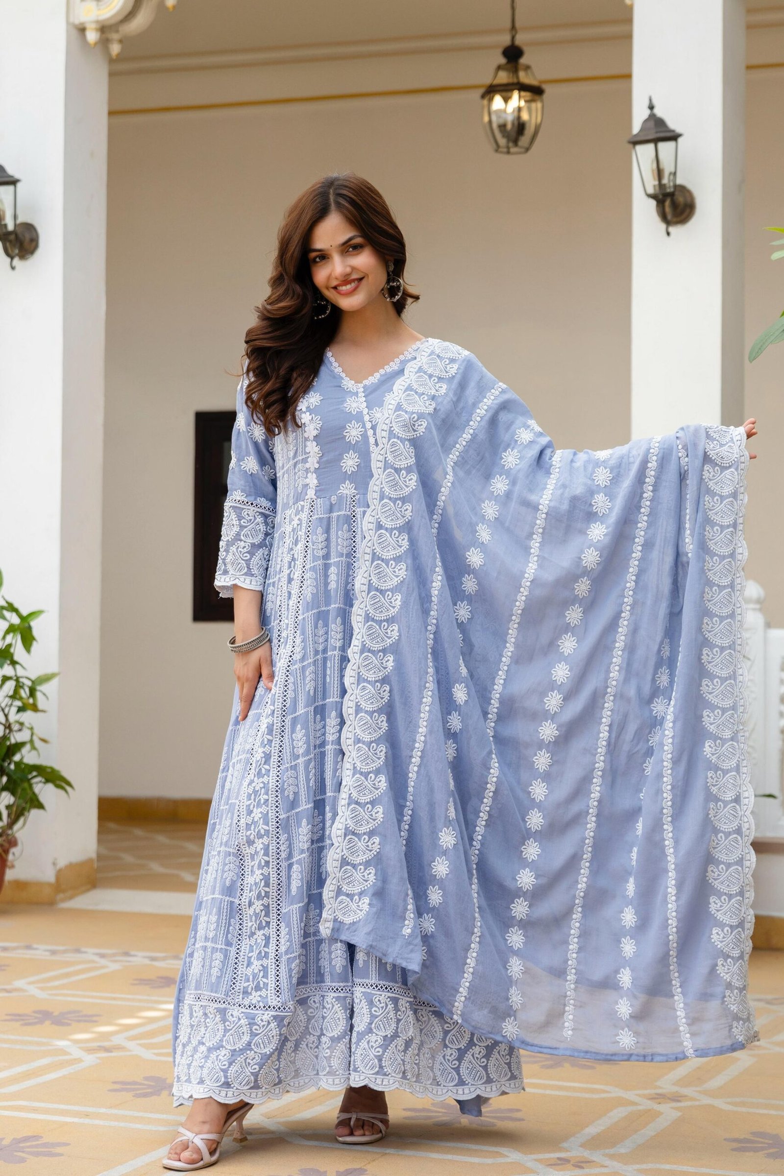 Women’s Pure Mal Cotton Lucknowi Work Party Wear Suit Set with Dupatta - Image 6