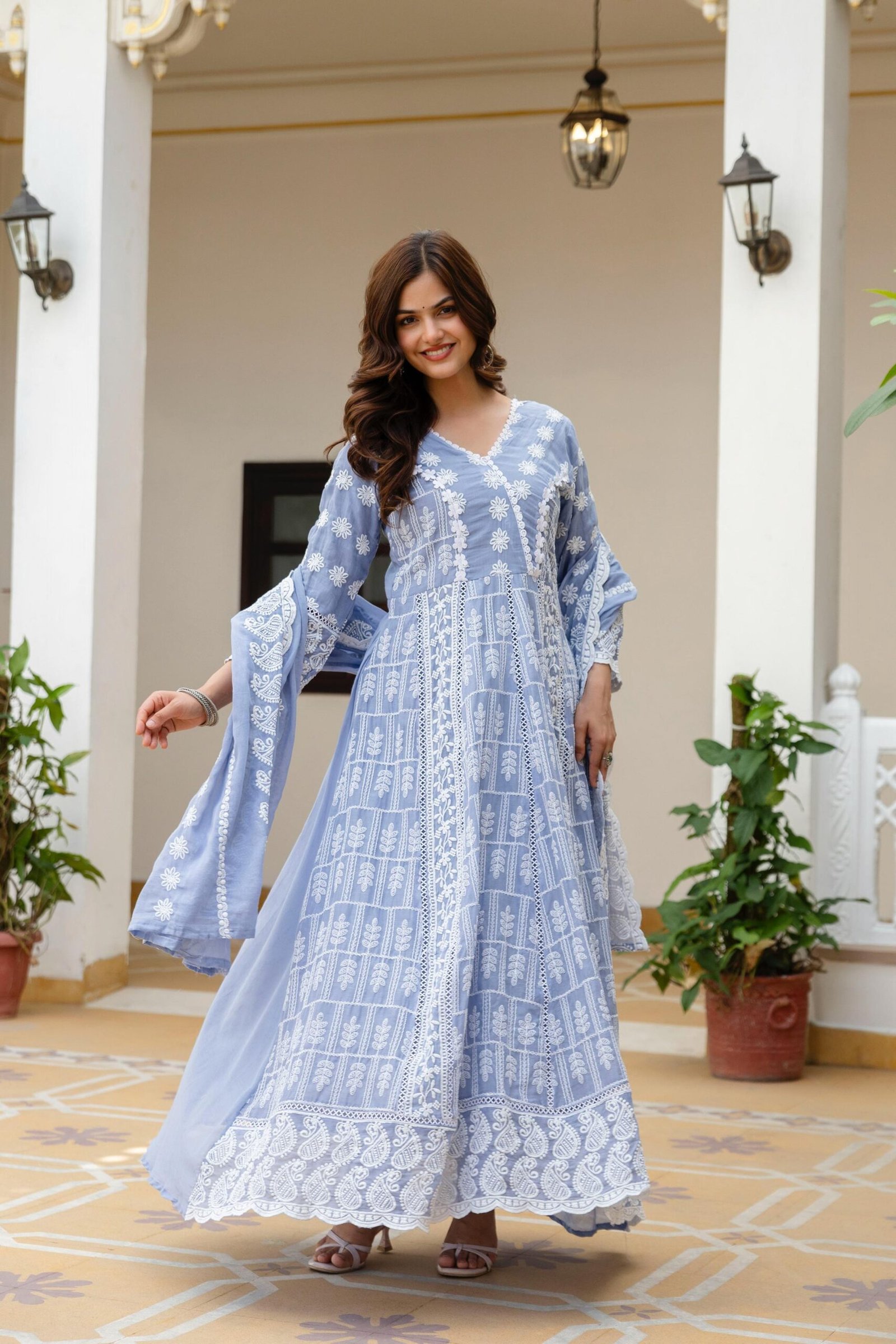 Women’s Pure Mal Cotton Lucknowi Work Party Wear Suit Set with Dupatta