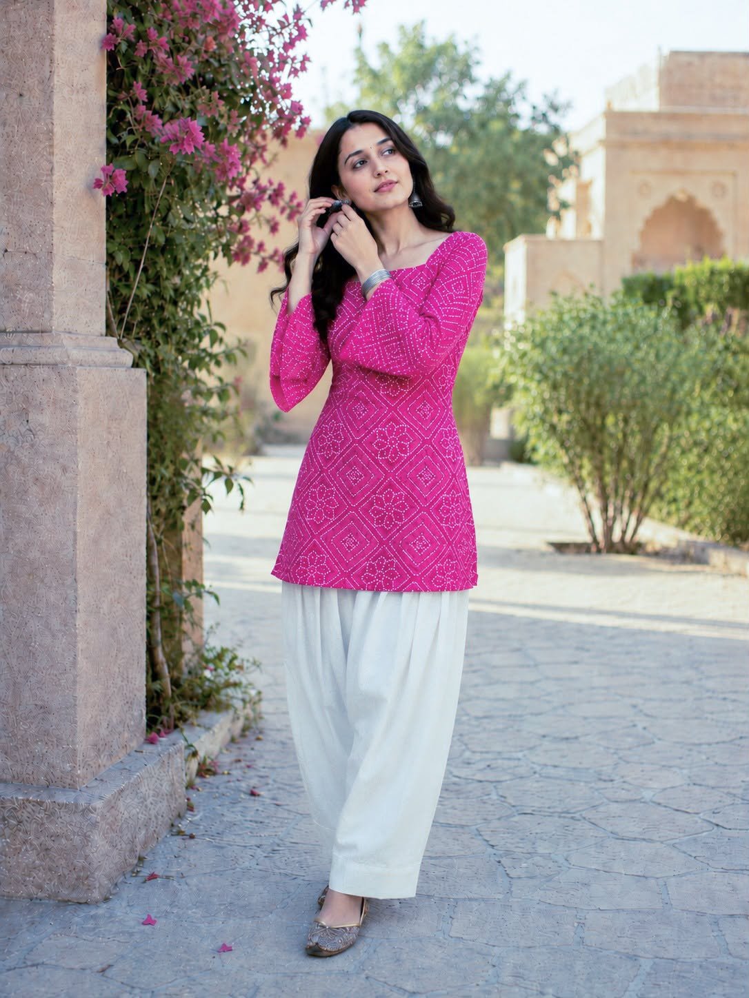 Women’s Summer Cotton Bandhej Print Top Pant Set with Farsi Pant