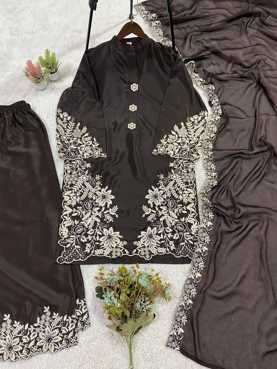 pakistani suit with embroidered worked top, plazzo and dupatta