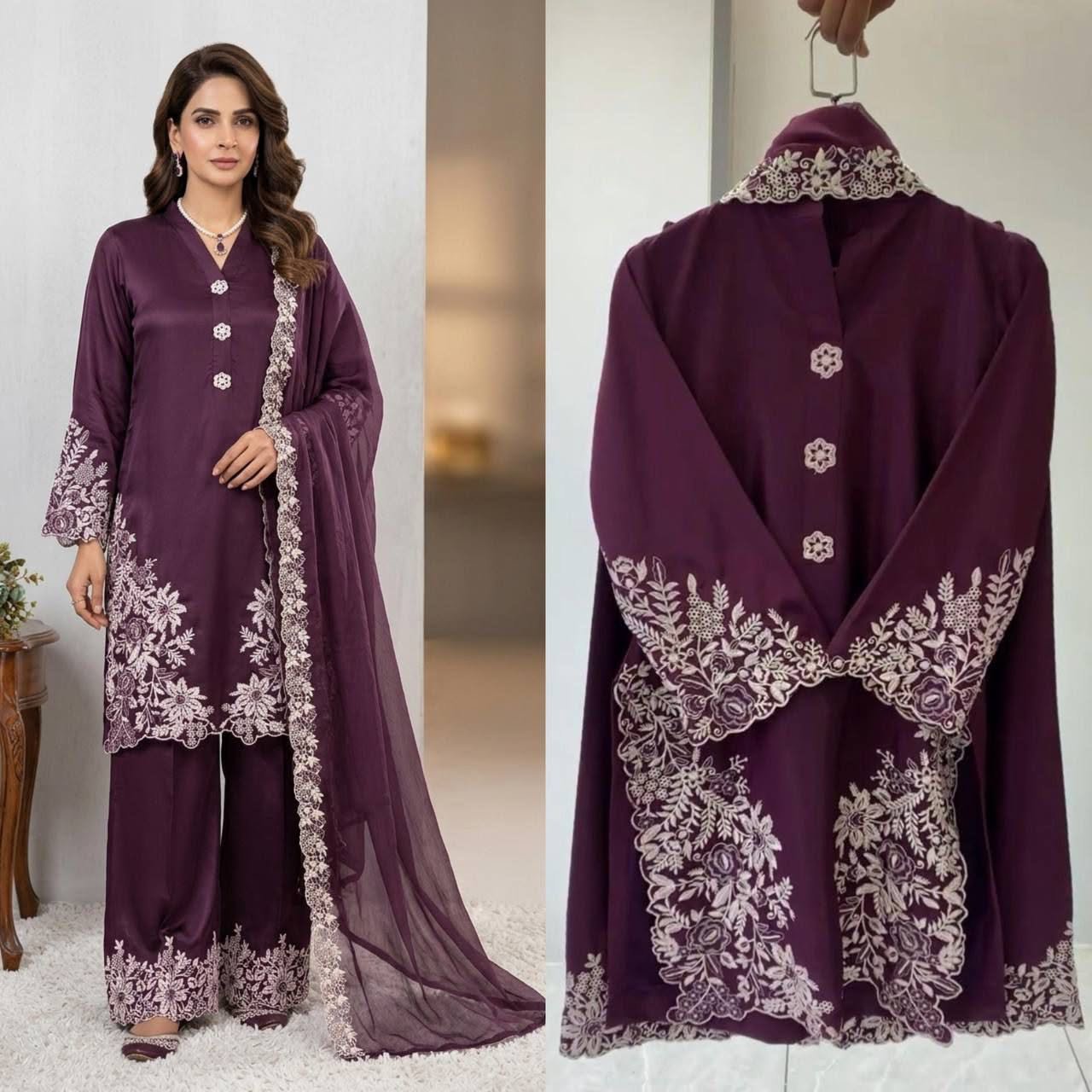 pakistani suit with embroidered worked top, plazzo and dupatta