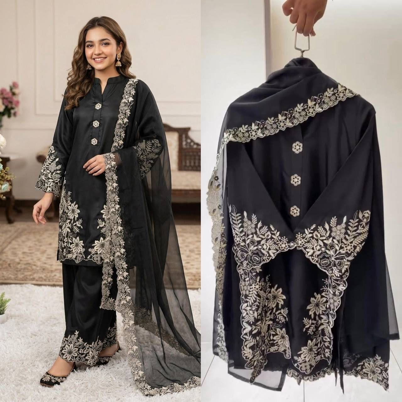 pakistani suit with embroidered worked top, plazzo and dupatta