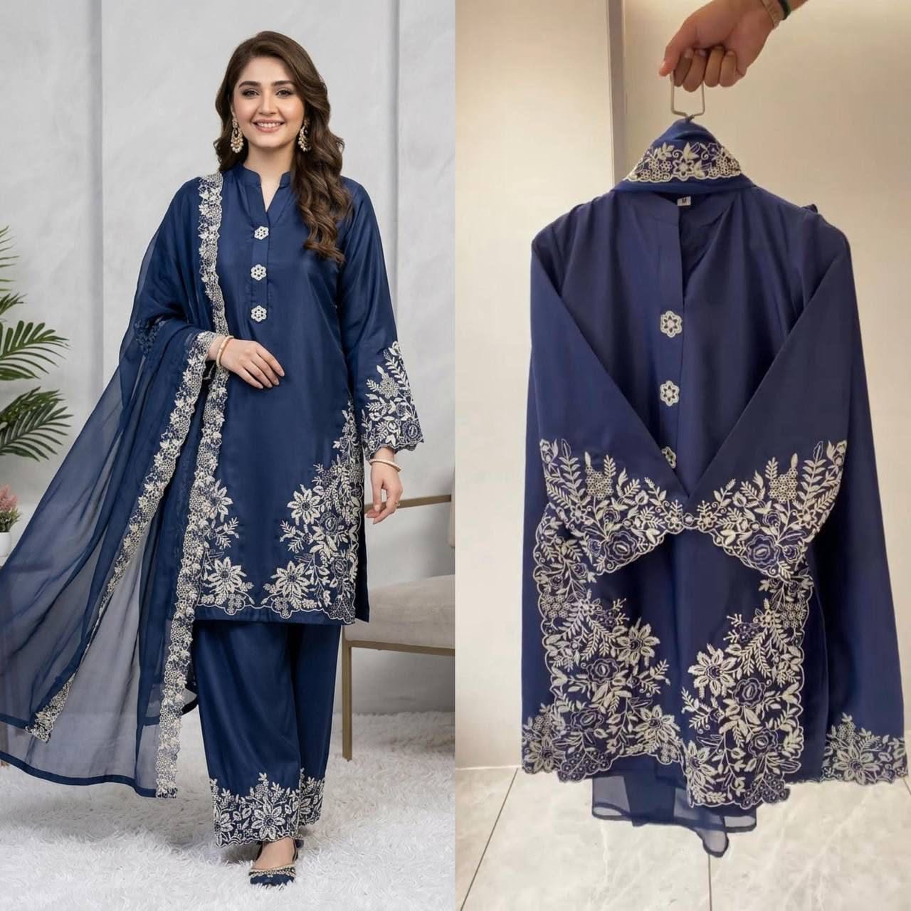 pakistani suit with embroidered worked top, plazzo and dupatta