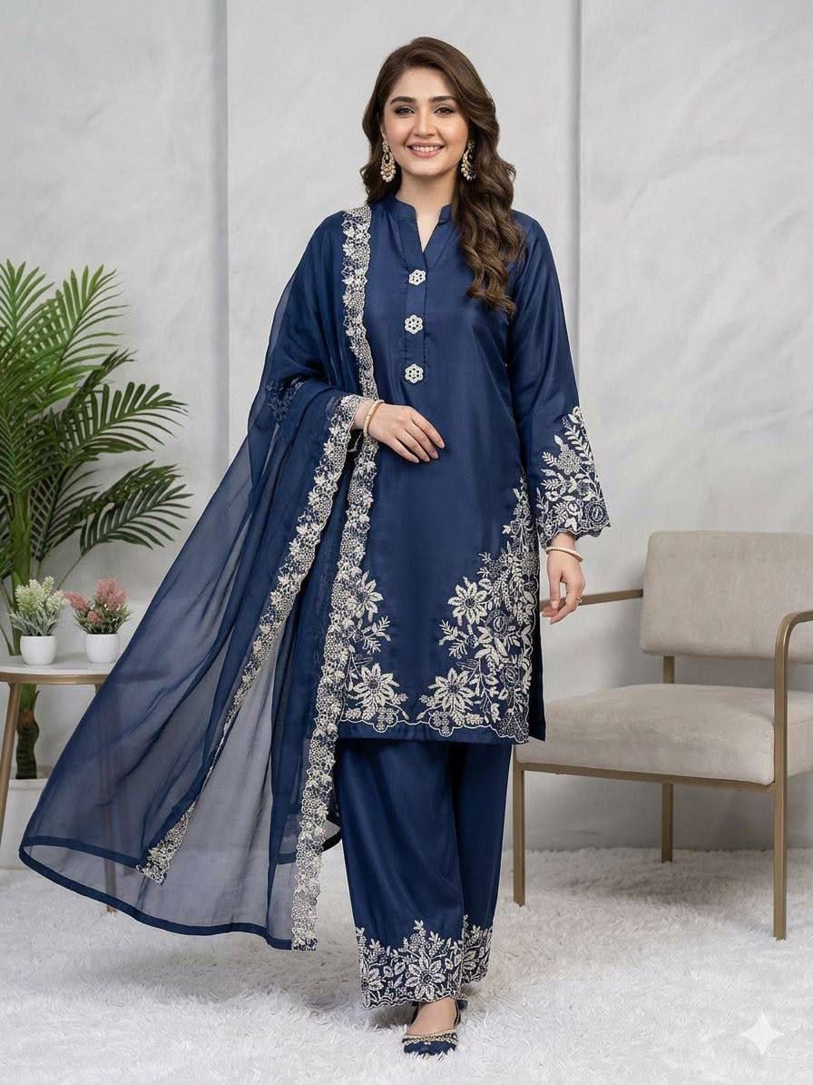 Pakistani Suit with Embroidery Work | Crape Silk Palazzo Set for Women - Image 5