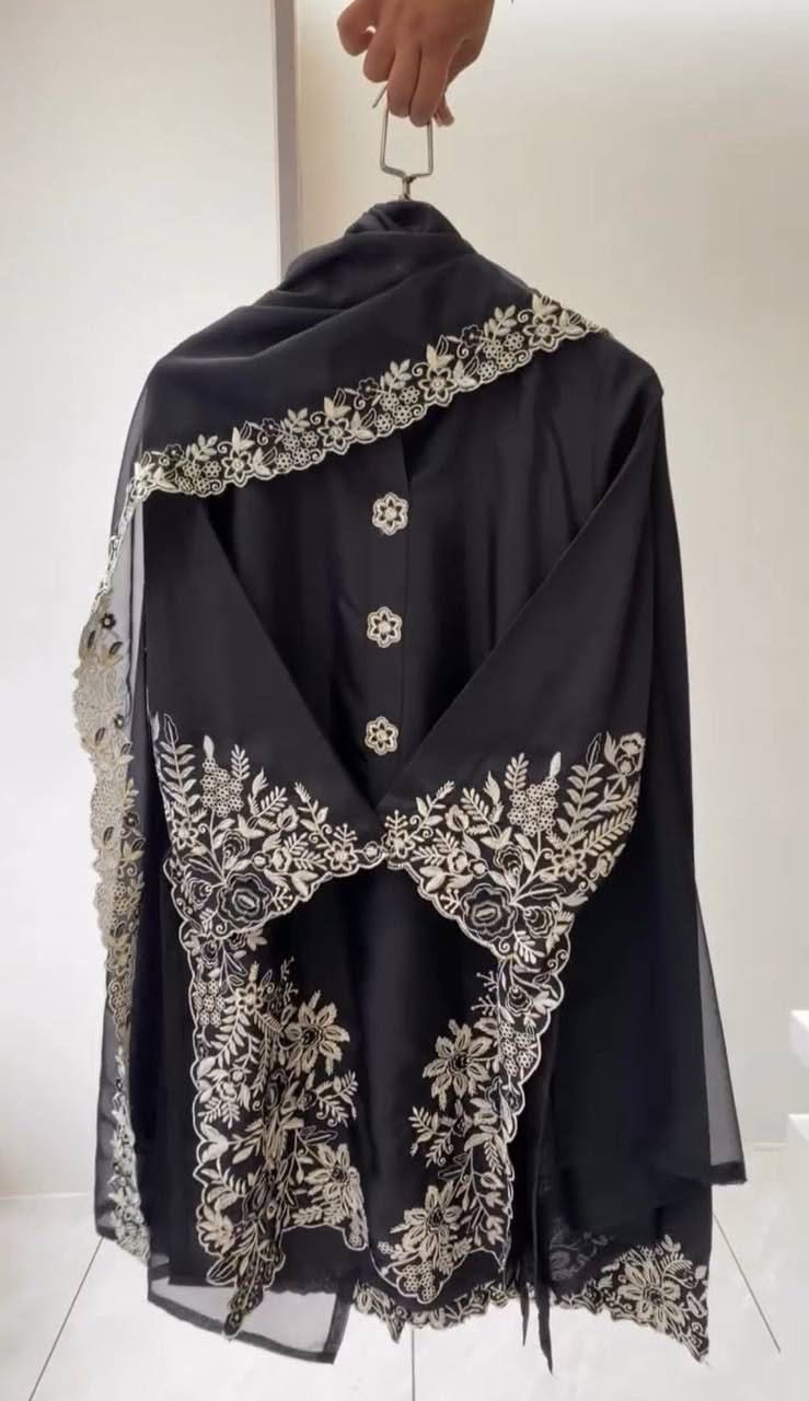 pakistani suit with embroidered worked top, plazzo and dupatta
