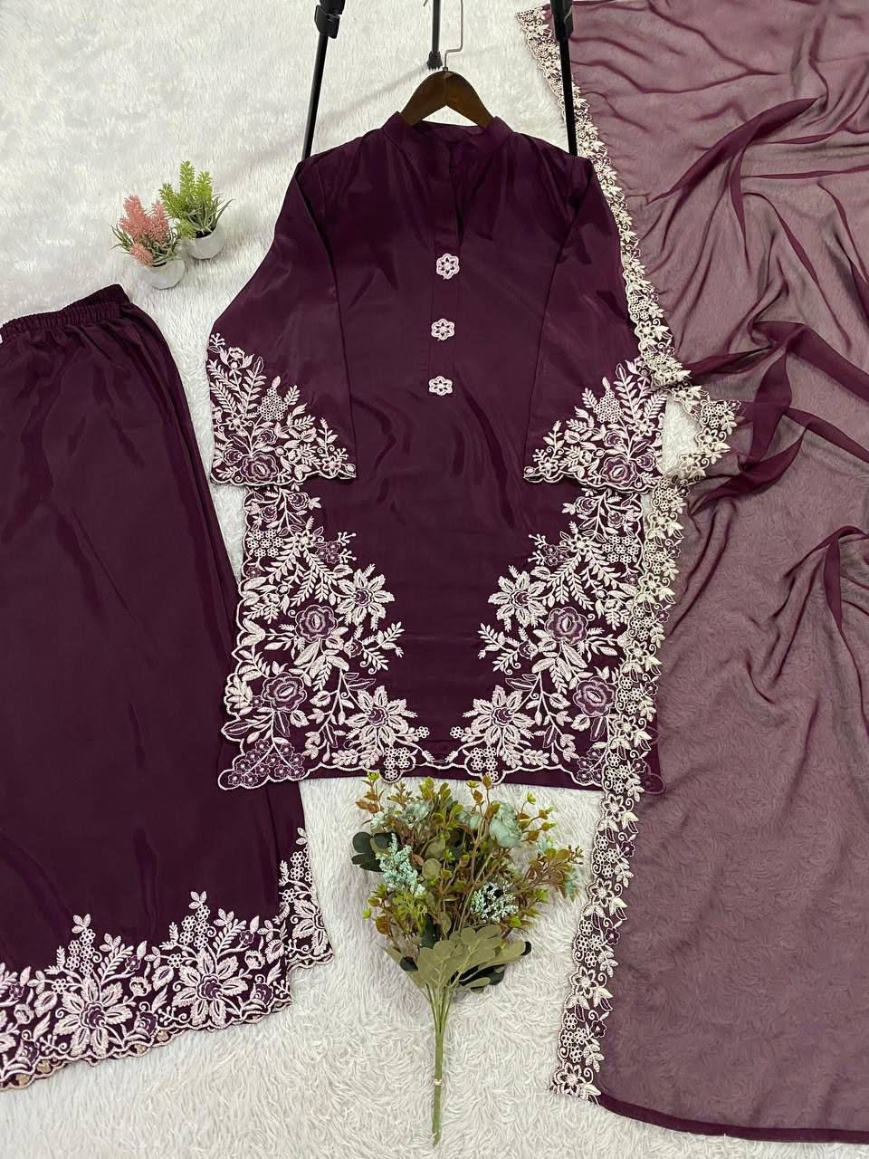pakistani suit with embroidered worked top, plazzo and dupatta