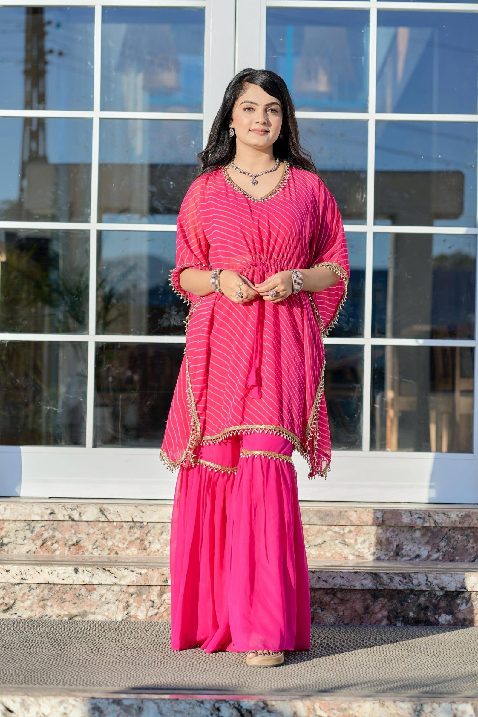 Leheriya Print Faux Georgette Kaftan Sharara Set with Blouse for Women