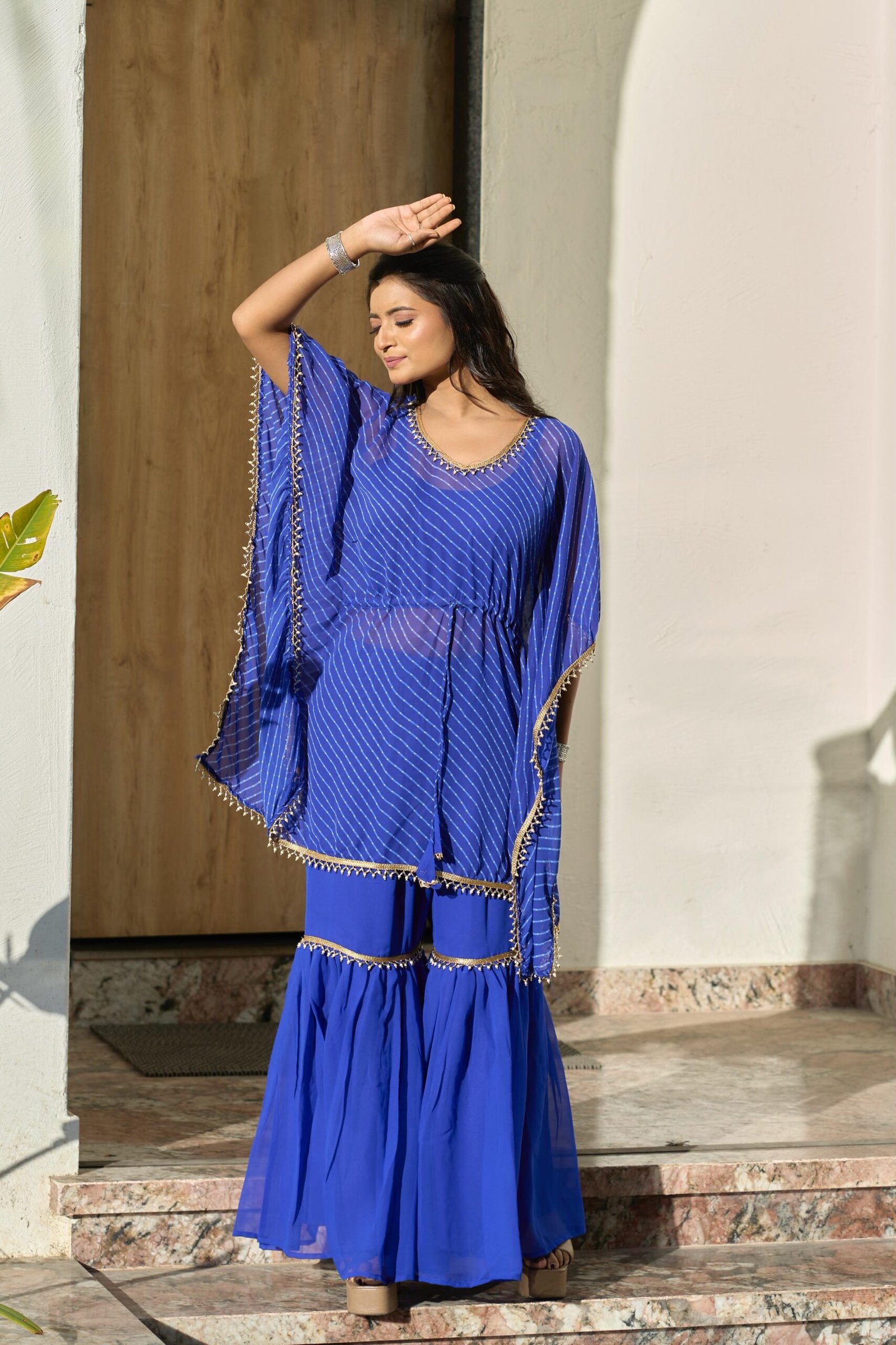 Leheriya Print Faux Georgette Kaftan Sharara Set with Blouse for Women - Image 7