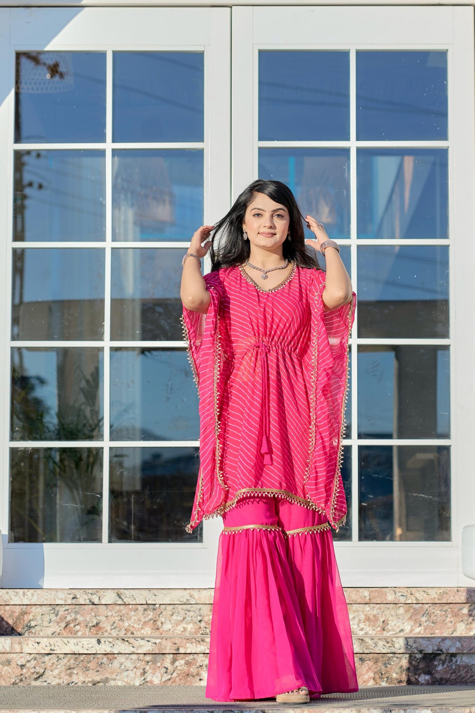 Leheriya Print Faux Georgette Kaftan Sharara Set with Blouse for Women - Image 2