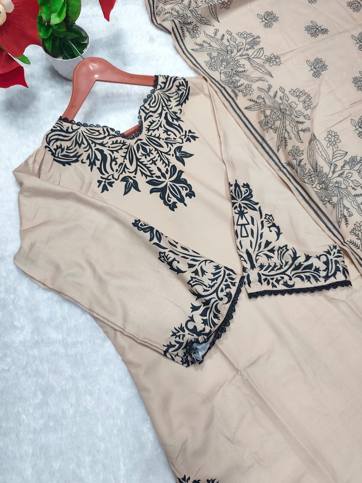 Pakistani Printed Cotton Kurti Set with Embroidered Neck & Dupatta for Women - Image 4
