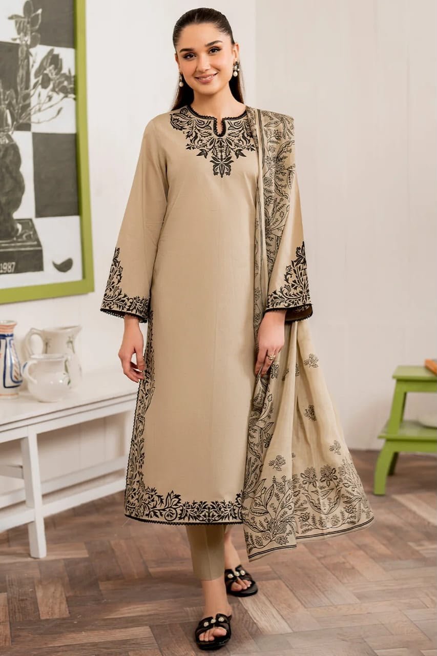 Pakistani Printed Cotton Kurti Set with Embroidered Neck & Dupatta for Women