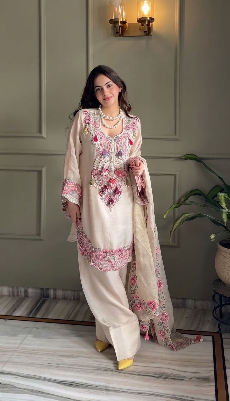 Premium Heavy Georgette Embroidered Farshi Suit Set for Women | Designer Kurta Farshi Dupatta Set - Image 2